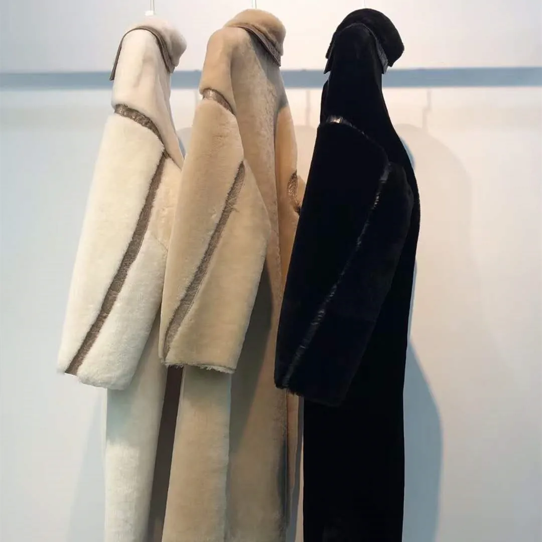 100% Real Merino Sheep Fur Woolen Long Coat Woman GENUINE LEATHER Autumn Winter Turn-down Wool Jacket Woman Casual Slim