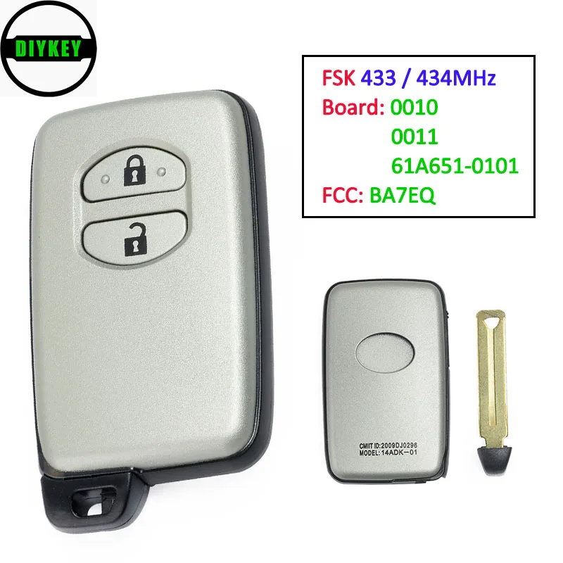 

DIYKEY FSK 433MHz/434MHz 88 Chip Smart Remote Key Fob for Toyota Auris Yaris Hybrid Auris Board 0010 0011 61A651-0101 FCC: BA7EQ