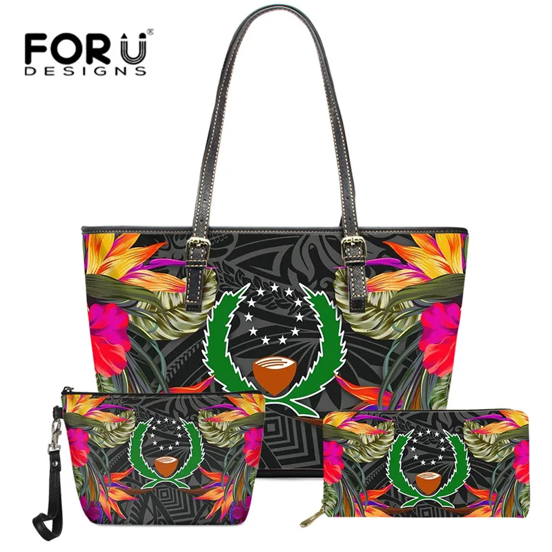 

Pohnpei Polynesian Handbag for Women Luxury Designer Shoulder Tote Bag Tribal Hibiscus Print PU Zipper Bag with Purse Set Bolsa