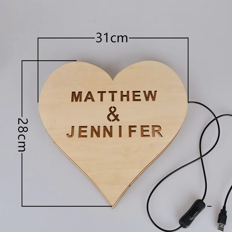 Wood LED Night Light Custom Personalised Engraved Name  Lamp Heart Shape Romantic Bedroom Wall Decoration Lovers Wedding Gift