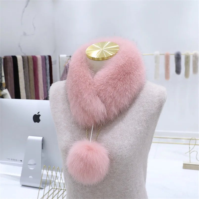 Thick Fluffy Warm Winter Collar Real Fox Fur Scarf with Pompom Women Pretty Wraps