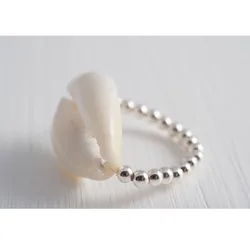 Tiny Natural Sea Cowrie Beaded Elastic Ring Handmade Jewelry