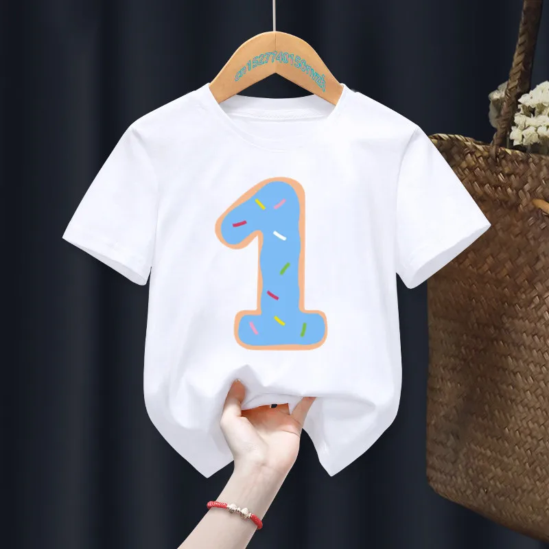 Children Blue Donut My 0-9th Birthday Number Fixed printing T-shirt Birthday Gift Present Clothes Baby Letter Tops Tee,Drop Ship