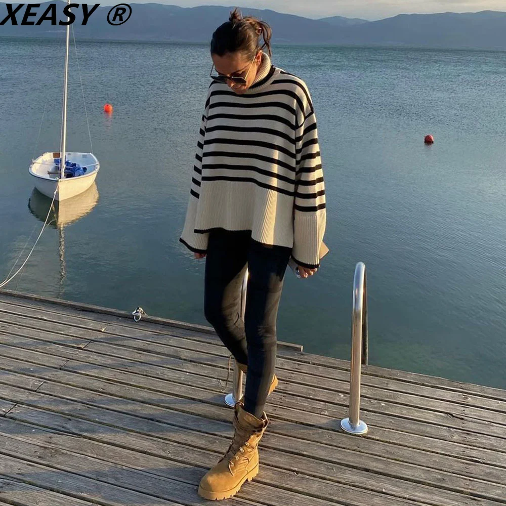 XEASY 2021 Women's Sweater Turtleneck Pullover Vintage Long Sleeve Women Clothing Striped Loose Sweater Oversize Casual Tops