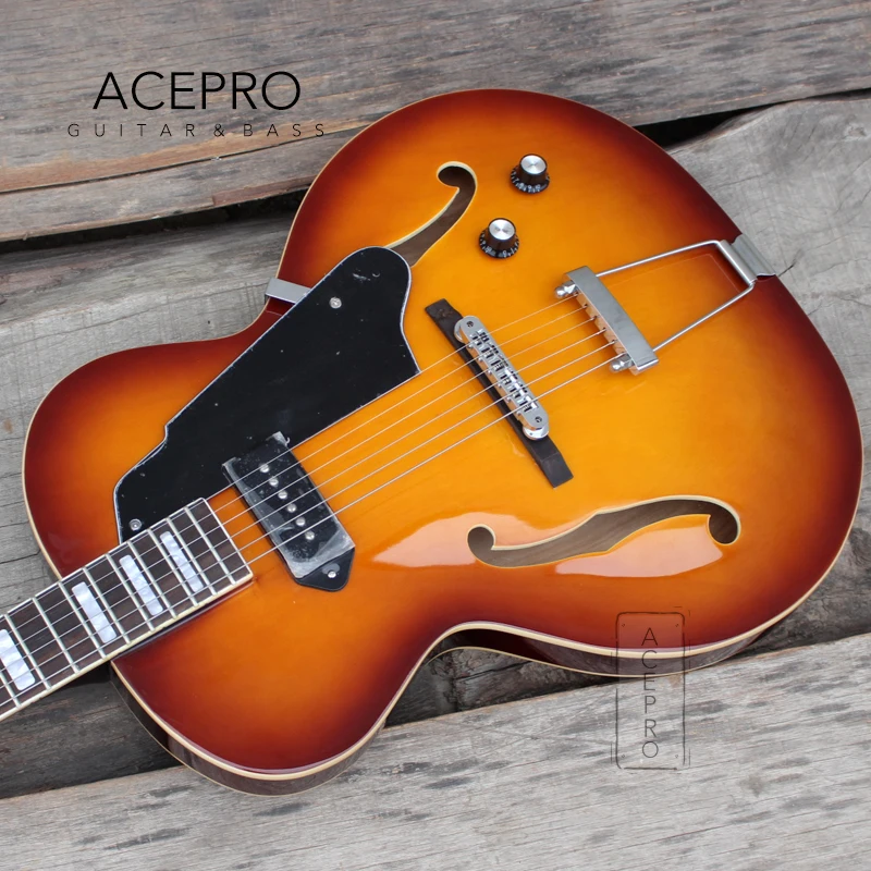 Grote-Full Hollow Maple Body Electric Guitar, F-Holes, Vintage Sunburst Color, Chrome Hardware, High Quality, Free Shipping