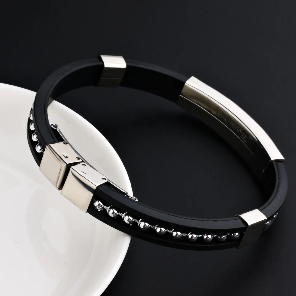 2024 Trend Jewelry Stainless Steel Silicone Bracelet Men Vintage Rubber Wire Bead Bracelets Bangles Men Jewelry Pulsera