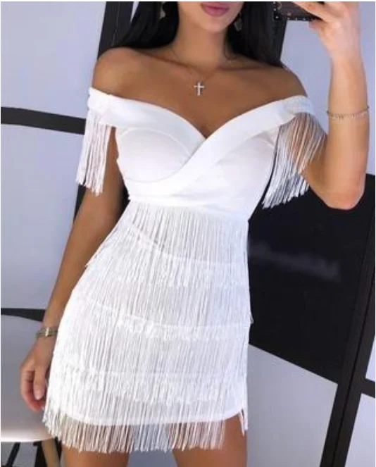 Fashion Tight Dress 2022 New One-Shoulder Tassel Fringed Tight Dress Solid Color Mid-Waist Pencil Casual Elegant Dress