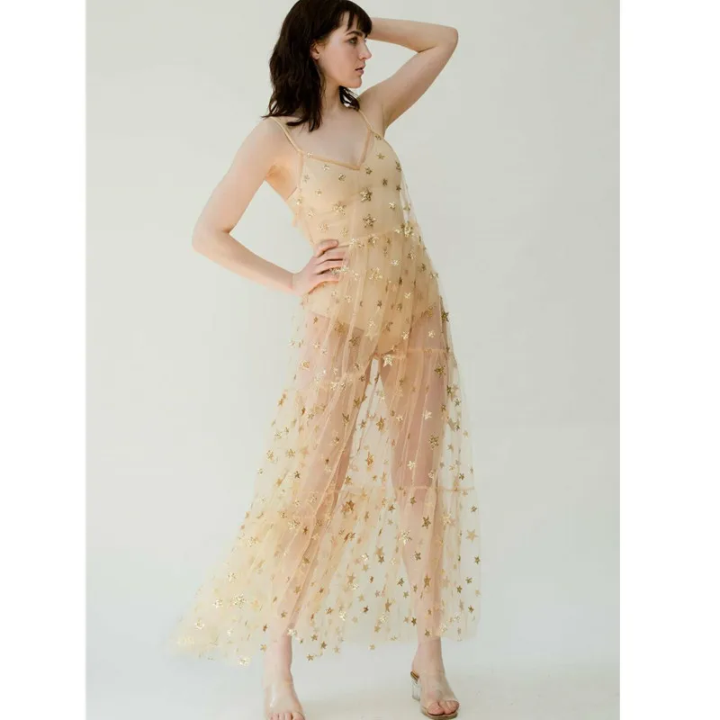 Women Spaghetti Straps See Through Tulle Long Dresses Cover Sexy Fashion Baggy Ladies Stars Print Beach Bling Bling Dress