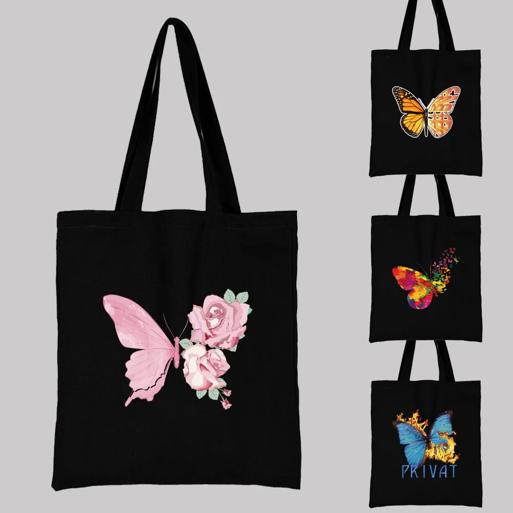 New Female Bag Shopping Bag Shoulder Bag Foldable Reusable Casual Butterfly Print Pattern Black Canvas Student Portable Handbag