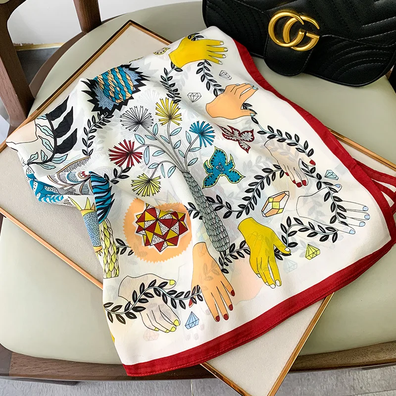 Women Silk Scarf 2020 New Square Foulard Lady\'s Neck Hair Design Cartoon Hands Printed Head Kerchief Fashion Girl Hair Scarfs