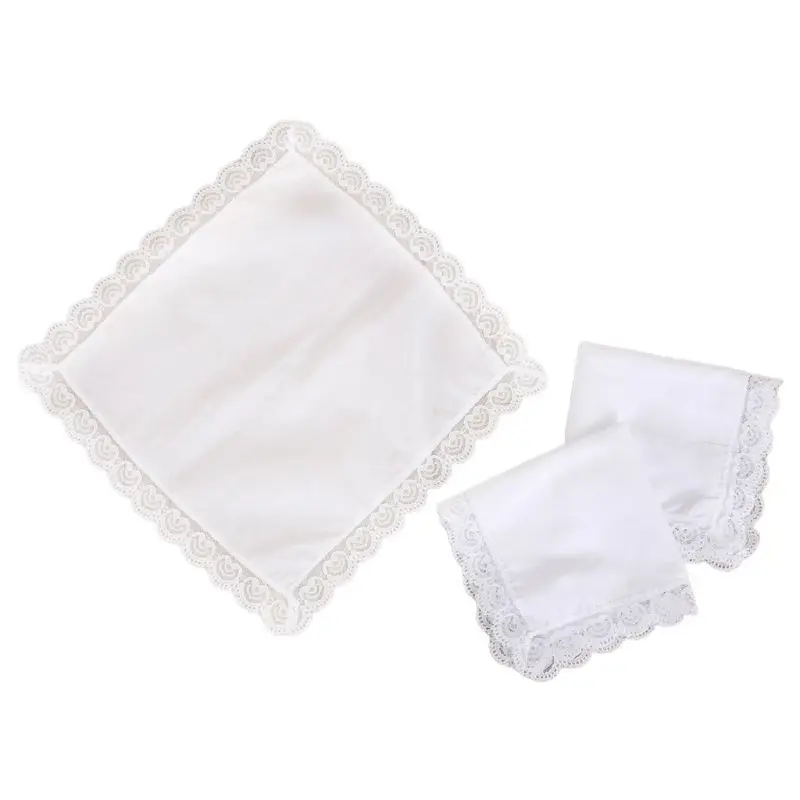 25x25cm Women Plain White Square Handkerchiefs Crochet Peach Heart Scalloped Lace Trim Bridal Wedding DIY Cotton Napkin Hankies