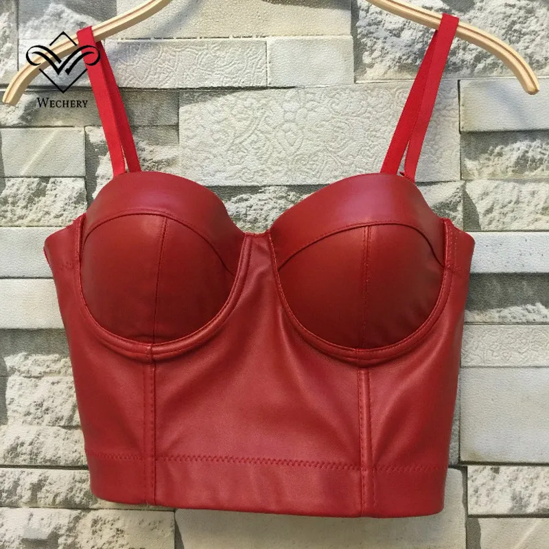Wechery Crop Top Women Gothic Leather Camis Slim Fit Tops Sleeveless Straps Tank Top for Laides Black Red Women Clothes
