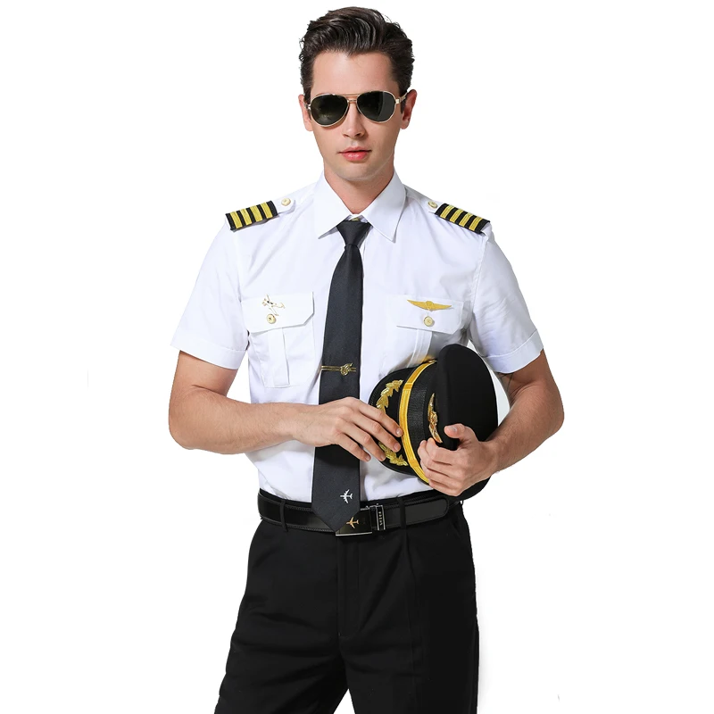 Mens Pilot Uniform Spring Autumn White Long Short Sleeves Shirt High Quality Business Shirts Aviation Captain Costume