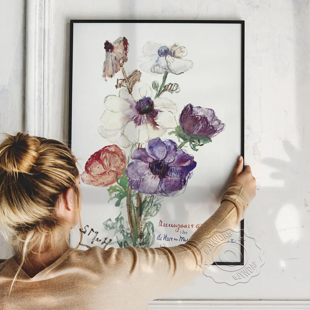 Nieuwjaarsgroet مع Anemonen المشارك ، Sientje Mesdag-Van Houten زهرة ورقة الفن قماش اللوحة ، بهو النبات جدار ديكور فني للمنزل