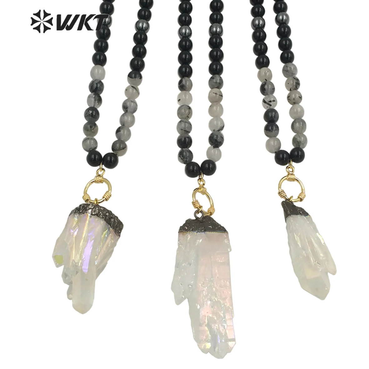 

WT-N1279 Gorgeous women long black agates beads pendant necklace hot black gun electroplated cluster quartz necklace in 30 inch