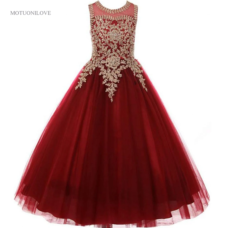 Wine Red With Gold Appliqued Beaded Little Girls Pageant Dresses 2024 Holy Communion Dress Children's Birthday Party Prom Gowns