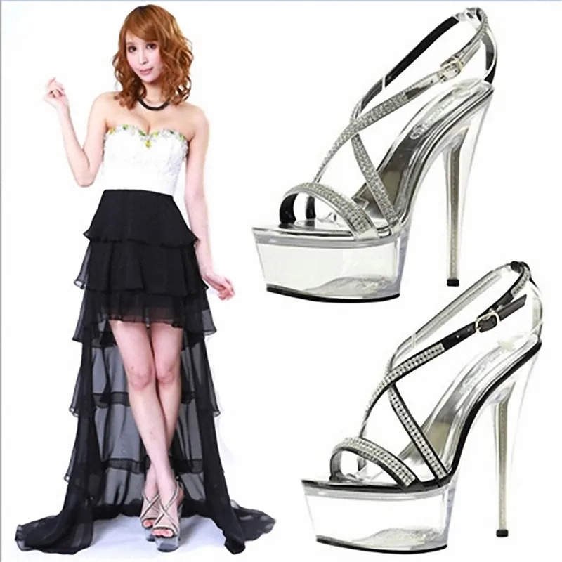 New fashion 15cm heels, black sequins, pole dancing/performance/banquet wedding sandals