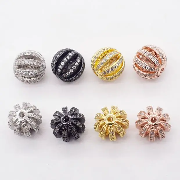 3pcs 8-12mm golden plated Cz micro pave hollow Round loose beads for jewelry making