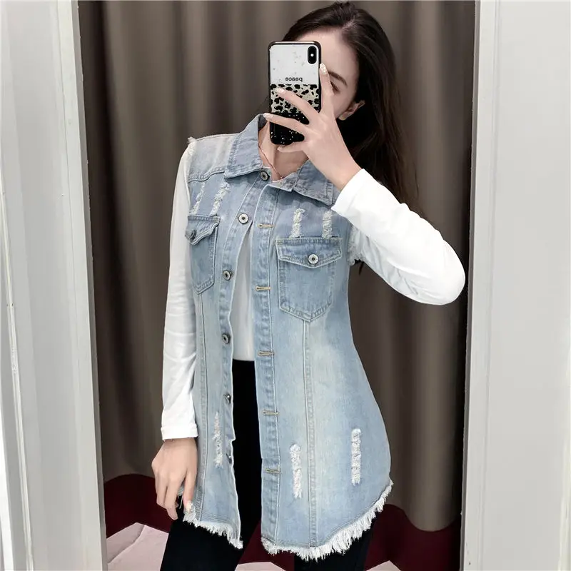 S-6XL Women Denim Vest Sleeveless Ripped Single-Breasted Waistcoat Spring Autumn Casual Midi-Length Jean Vest Coat