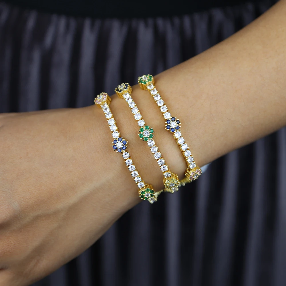New Arrived Rainbow CZ Colorful Flower Tennis Link Chain Bracelet For Women Girls Iced Out Bling CZ Paved Daisy Flower Bracelet