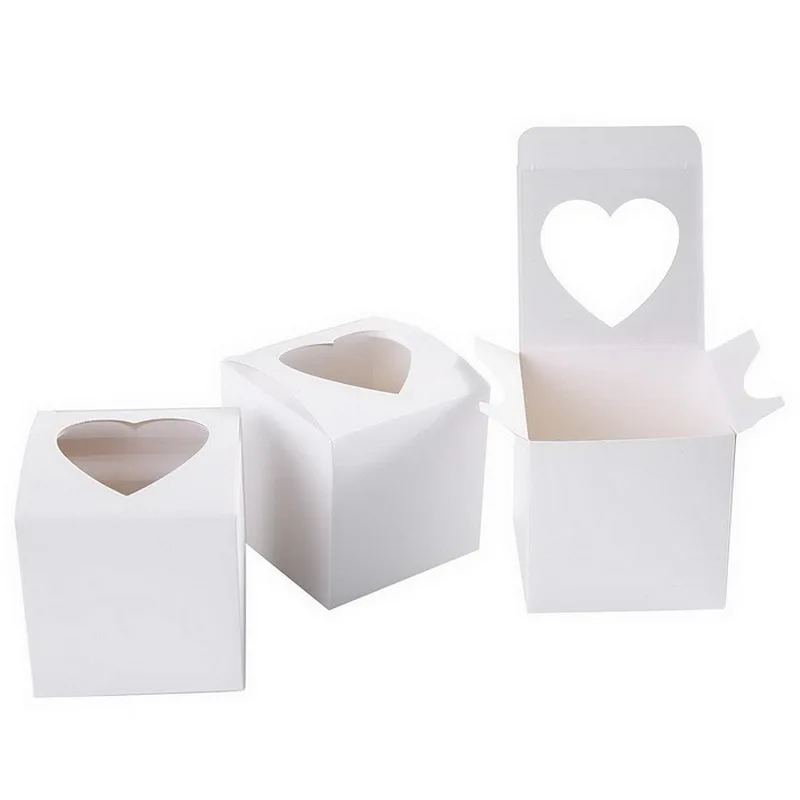 100Pcs/Lot 7.5x7.5x7.5cm/6x6x6cm Mini Cake Box With Hear Window Small Candy Boxes White Paper Gift Packaging Box For Party