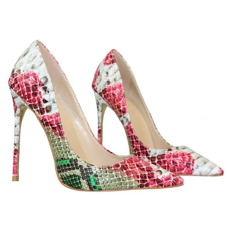 

Female Red Green Python Leather Pumps Stiletto Heels Pointed Toe Mixed Color Sankeskin High Heels Banquet Dress Shoes