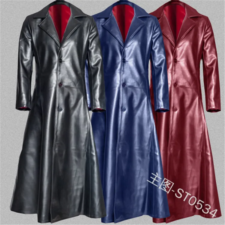 

Men Fashion Long Sleeve Lapel Leather Coat Winter Gothic Punk Black Long Coat Long Jacket Cosplay Vampire Coat Dark Knight Cool