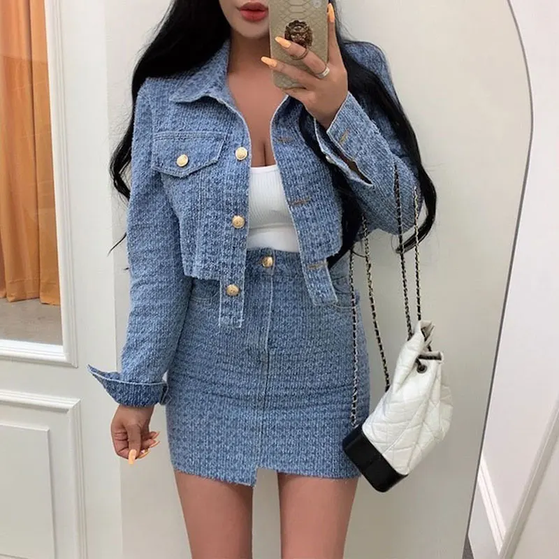 Cowboy Set Two-piece Suit Autumn Fashion Turndown Collar Blue Single-breasted Short Denim Shirt Top + Solid Color Hip Skirt