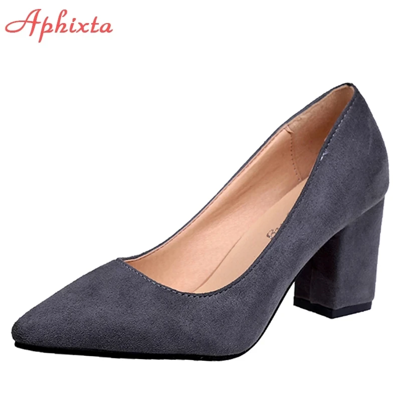 Aphixta Shoes Square Heel Women Pointed Toe Pumps Fashion Gray High Heels Flock Leather Black Party Shoes Plus Big size 47 48 50