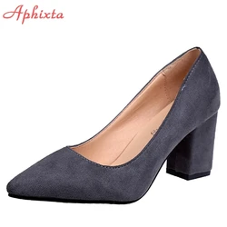 Aphixta scarpe tacco quadrato donna décolleté con punta a punta moda tacchi alti grigi scarpe da festa in pelle nera floccata taglie forti 47 48 50