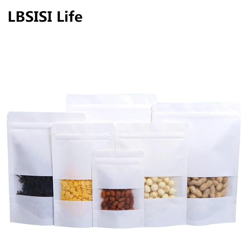 

LBSISI Life-White Kraft Paper Zipper Gift Bags Baking Candy Dried Fruit Snacks Food Tea Packaging Frosted Window 50 PCs/Lot