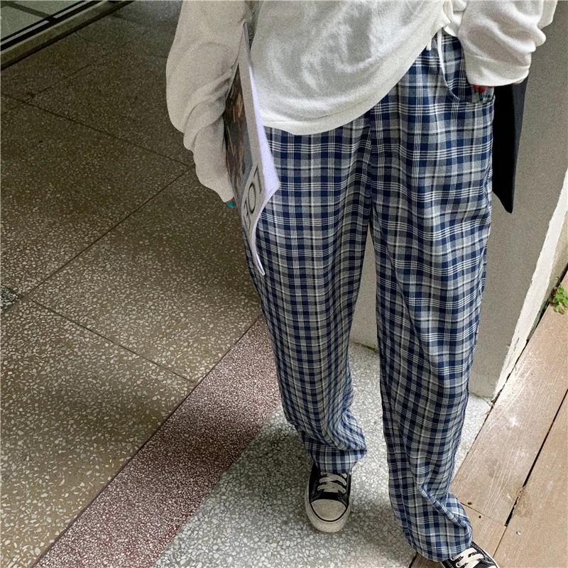 Cusual Pantaloni di Estate Delle Donne Full-length Allentato Dritto Elastico A Vita Alta Plaid Stile Coreano Per Il Tempo Libero Chic Retro Delle Signore Comode