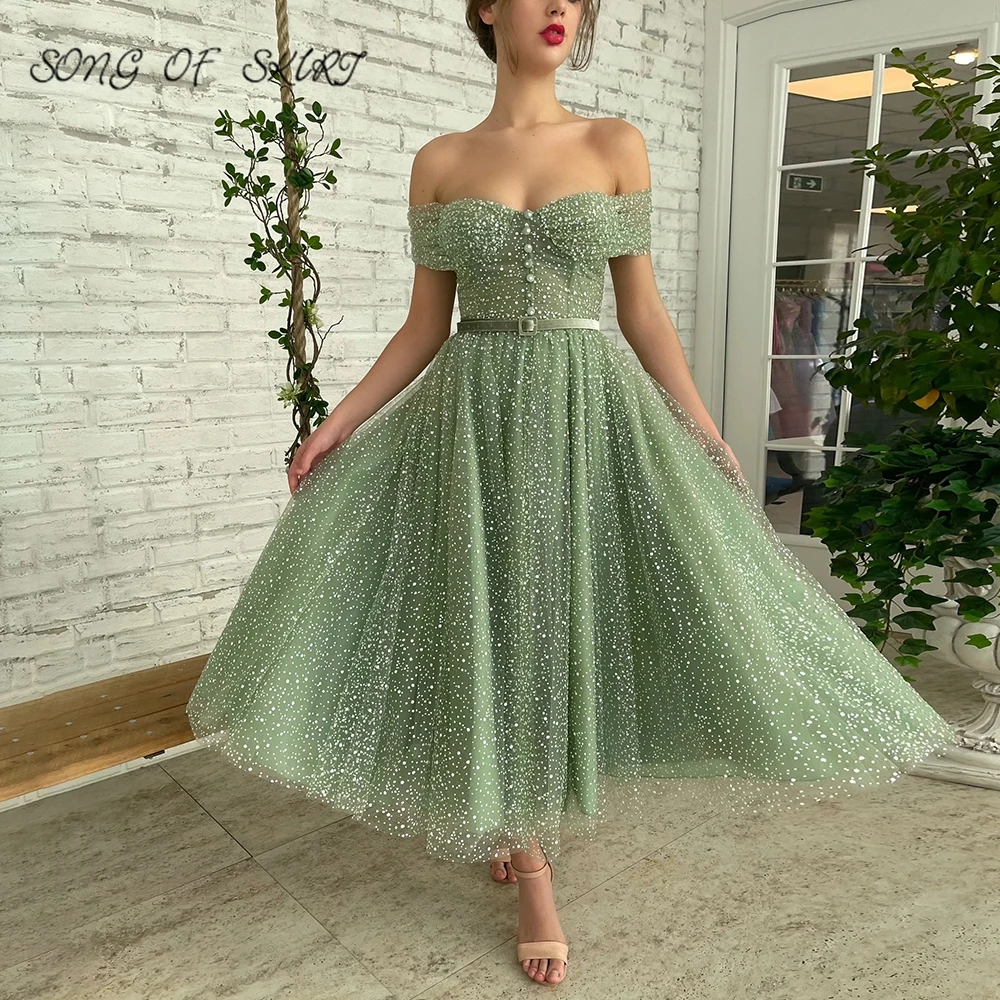 

Vintage Green Tea Length Prom Gown Off The Shoulder Dotted Tulle Birthday Party Dresses Midi Formal Evening Gowns Robe De Soirée