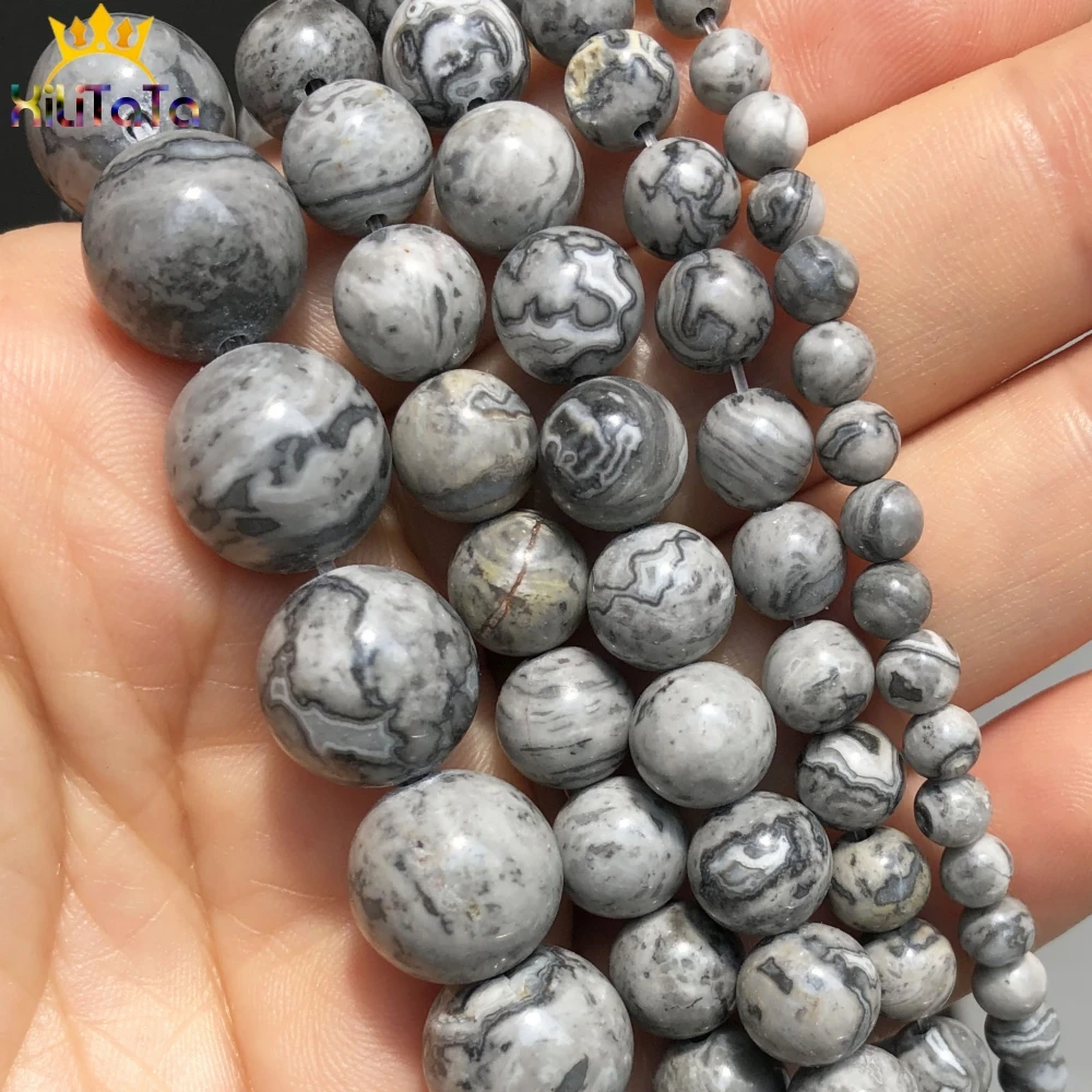 Natural Stone Beads Grey Map Jaspers Round Loose Beads For Jewelry DIY Making Bracelet Accessories 15\'\' Pick Size 4 6 8 10 12mm
