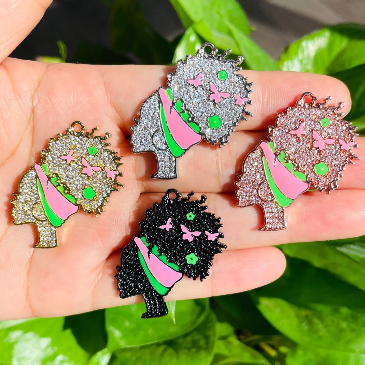 5pcs Pink Green AKA Sorority Themed Queen Charms Black Girl Pendant for Women Bracelet Necklace Making Bling Stone Pave Jewelry