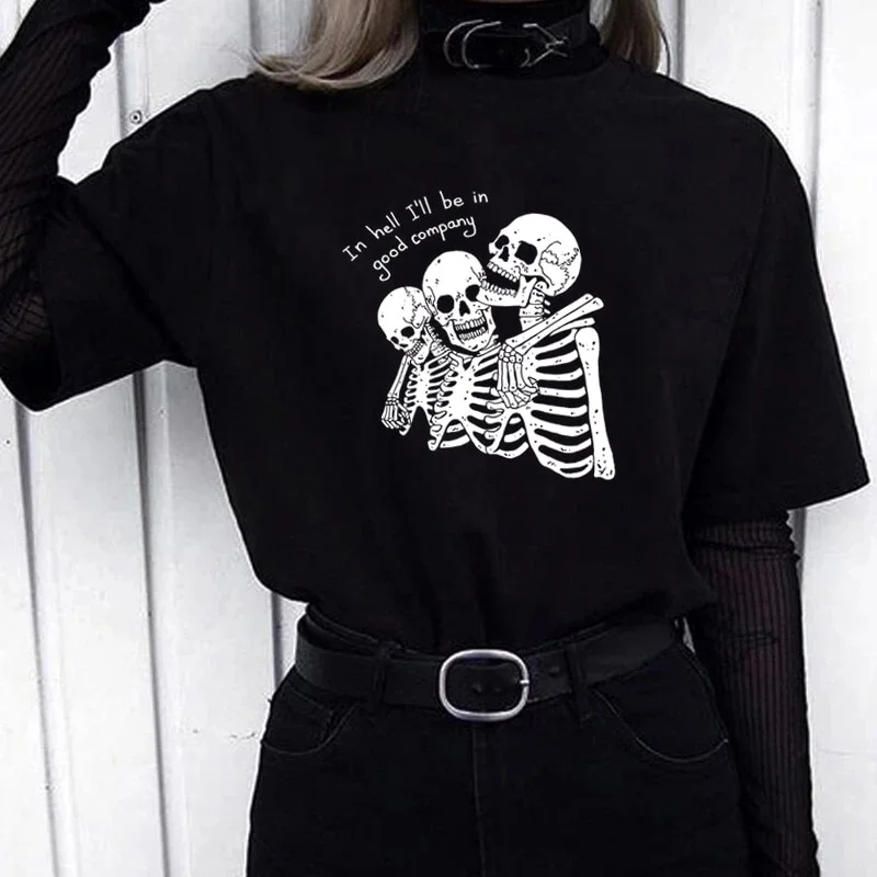 

seaport YF In Hell I'll Be In Good Company Punk Print Harajuku Skeleton Gothic Top Streetwear Fun Casual Loose Vintage Women Tee