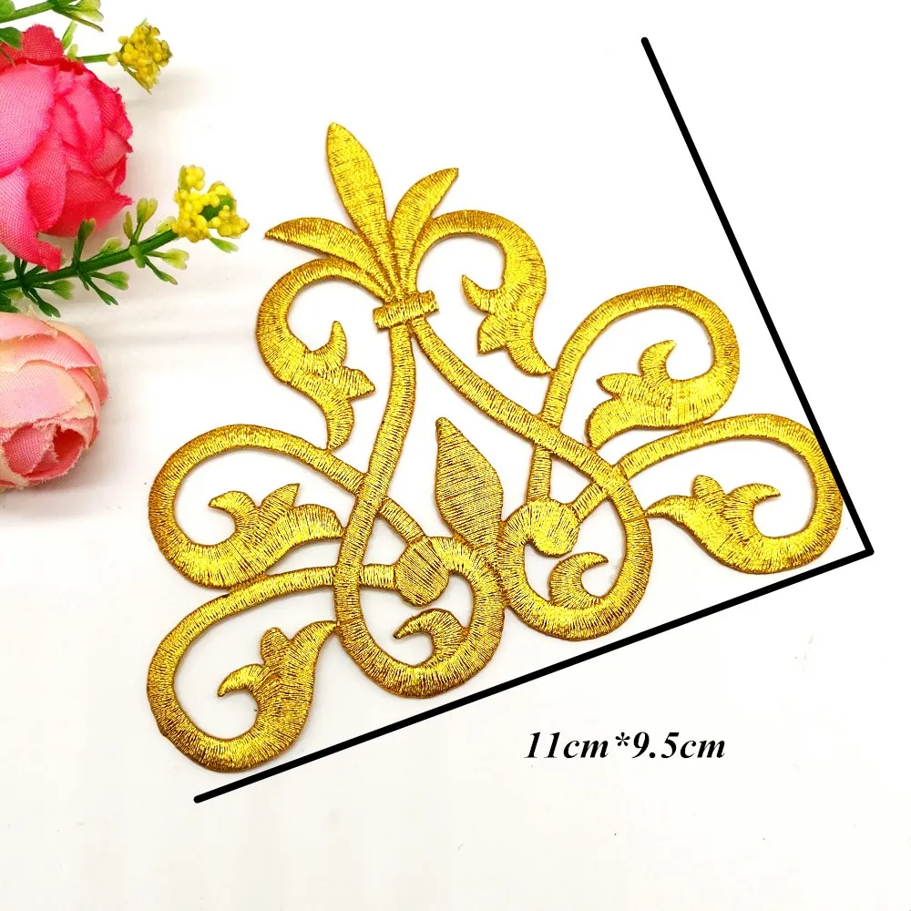 1 Piece Gold Embroidered Patches Iron On Flower Appliques For Garment Diy Trims Shiny Metallic Golden Accessories 11*9.5cm