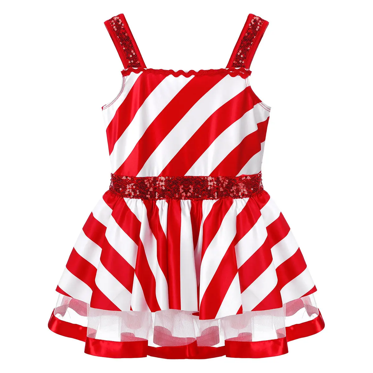 Kids Girls Candy Cane Santa Claus Ballet Leotard Dress Sequins Christmas Xmas Costume Striped Ice Skating Roller Dancewear