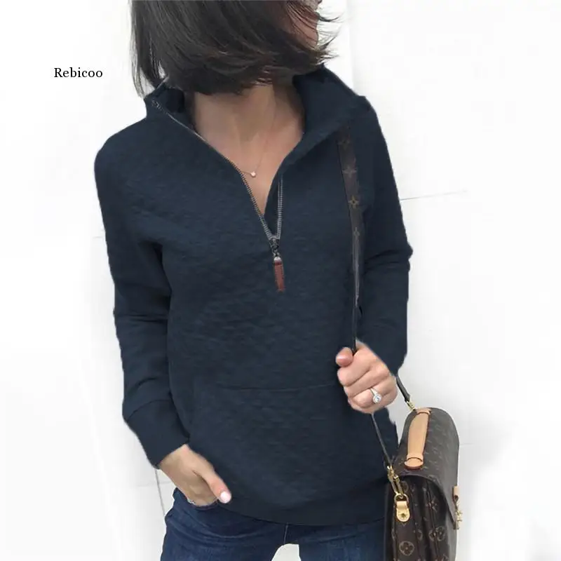 Pockets Zipper Half Open Long Sleeve Women Tops Slim Turn Down Collar Casual Sweatshirts Lattice Autumn Winter Female Hoodies