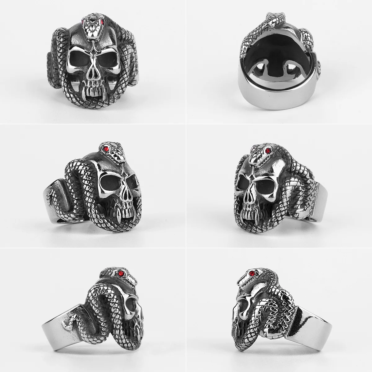 Stainless Steel Men Rings Snake Medusa Red Eyes Skull Punk Rock Gothic for Biker Male Boy Jewelry Creativity Gift Wholesale