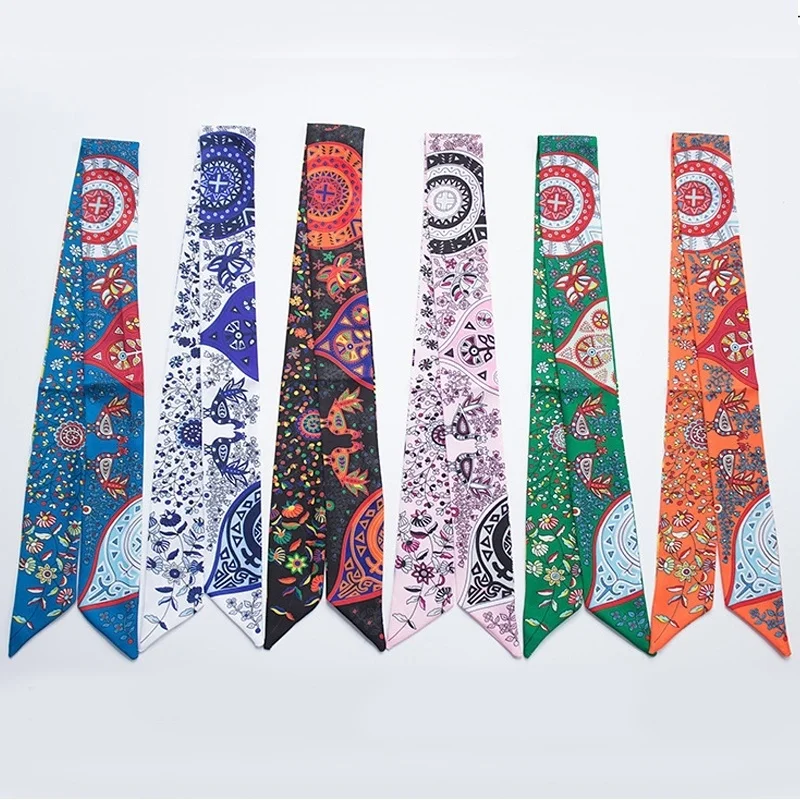 Fashion Printed Silk Scarves Small Ribbon Headband Necktie Bag Scarf for Handbags Handle Wrap Decoration Colorful Bag Ornament