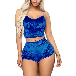 2 peça conjunto de veludo sleepwear sexy espaguete cinta shorts conjunto de pijama das senhoras pijama feminino festa duas peças conjunto quente