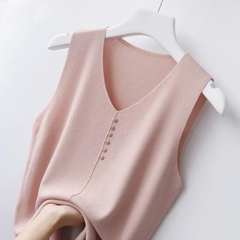 

Women Summer Thin Button V-Neck Pink Sweaters Vest 2021 Sleeveless Blue knitted vest Female Black Autumn Elasticity Casual Tops