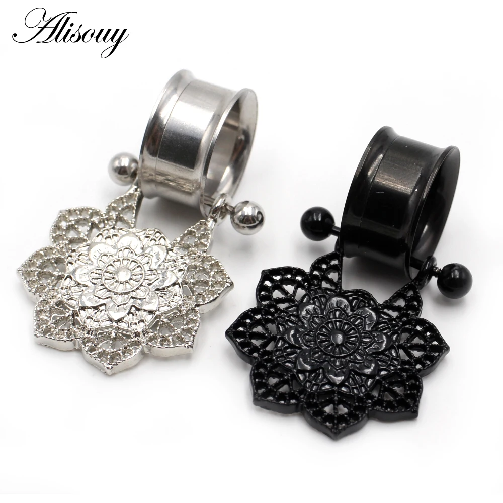 Alisouy 2pcs Stainless Steel Heart Flower Dangle Double Flare Flesh Ear Gauge Plug Tunnel Expander Stretcher  Piercing Jewelry