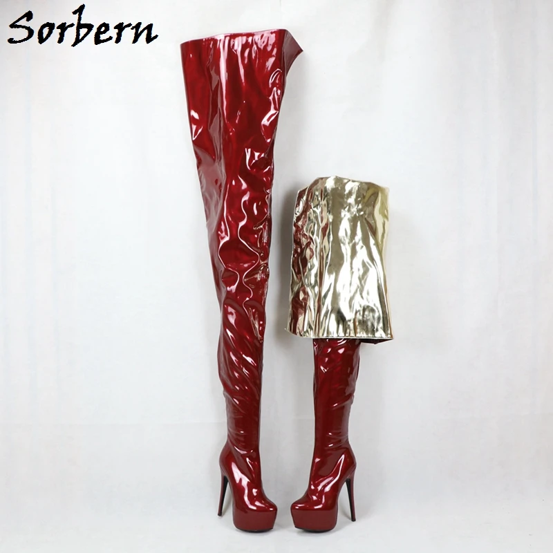 Sorbern Wine Red Gold Crotch Thigh High Boots Outside Long High Heel Platform Shoes Long Boots Drag Queen Crossdresser Boots