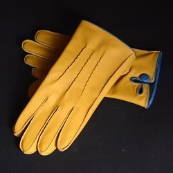 Gants courts de conduite en cuir véritable tanné végétal pour hommes, bouton de poignet, chaud, bronzé, hiver