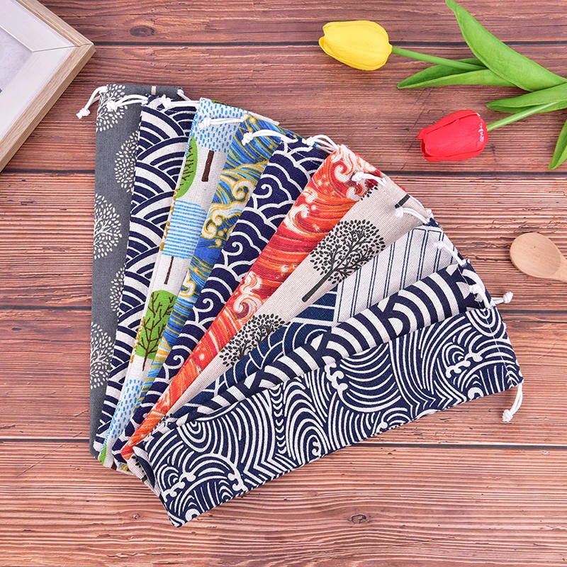 1pc Drawstring Bag Portable Tableware Bag Cotton Linen Spoon Chopsticks Storage Cutlery Case For Travel Dinnerware Accessories