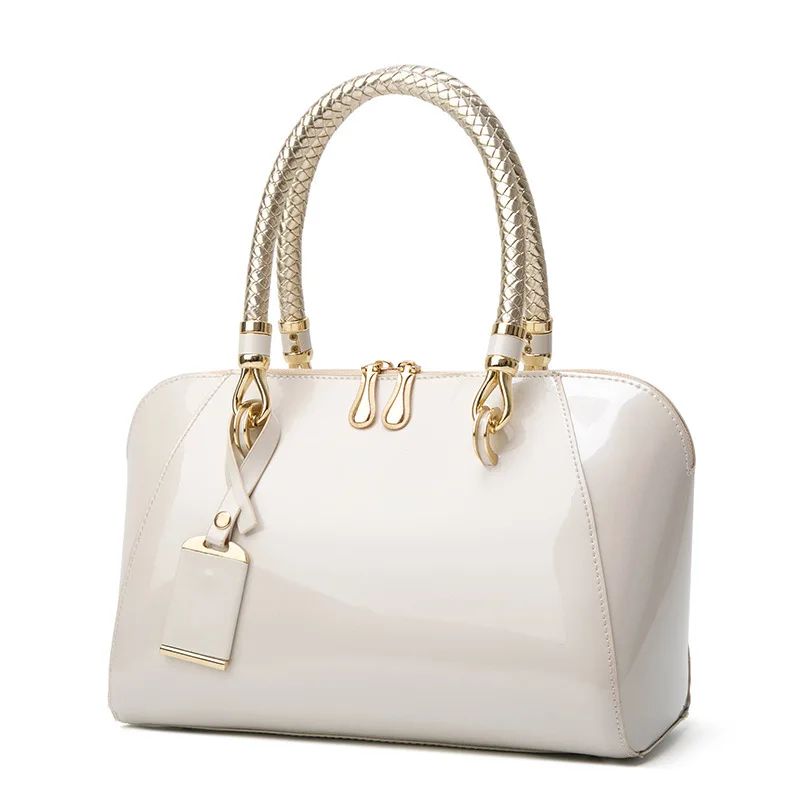 Women\'s Patent Leather Boston Bag Solid Color Large Capacity Handbag Casual Shoulder Diagonal Bag