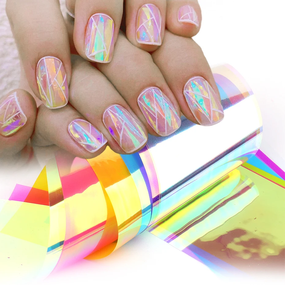 8pcs Aurora Films Glass Nails Foil Gradient Shinny Northern Light Nail Stickers Korean Broken Glass Paper Slider Manicure LE1900