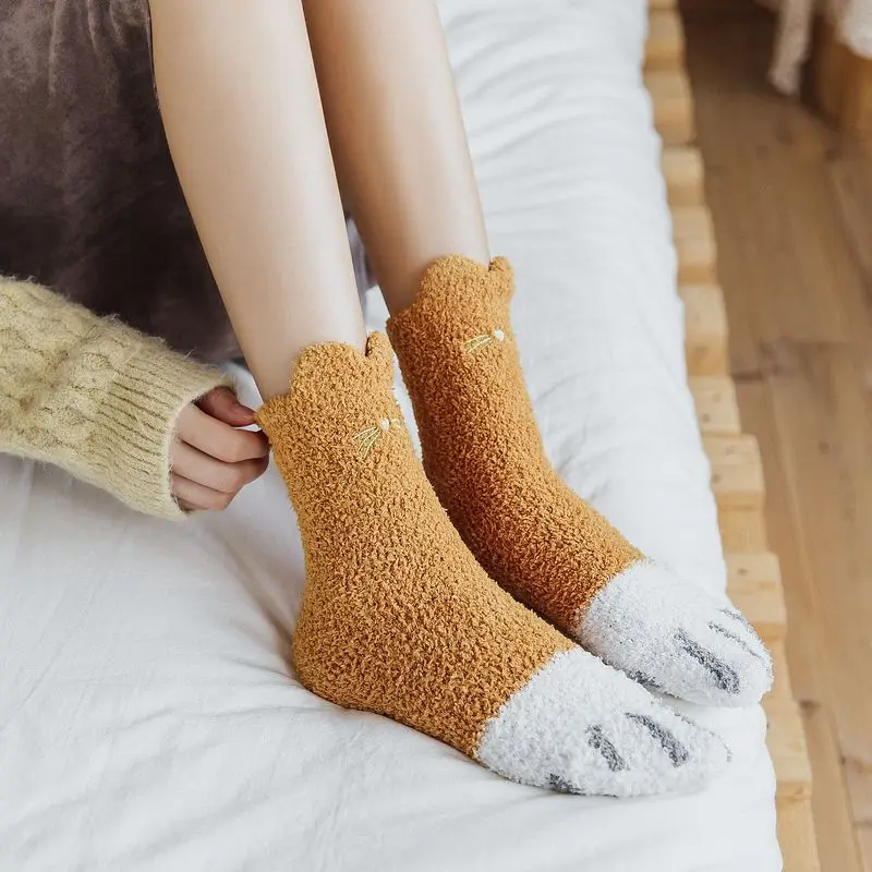 Winter Thicken Warm Women Socks Ears Cat Paw Cartoon Lovely Sleeping Home Floor Bedroom Socks Harajuku Kawaii Girl Sox